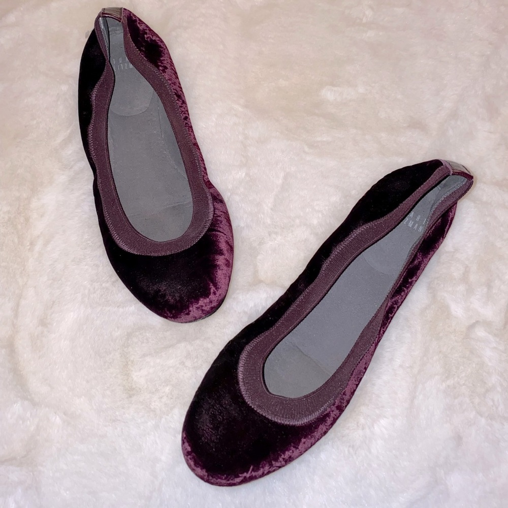 Designer Stuart Weitzman Lastikon Plum Purple Velvet Flats Shoes